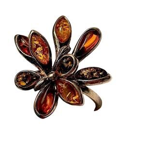 Sterling Silver Baltic Amber Floral Sunburst Multi Stone Cocktail Statement Ring